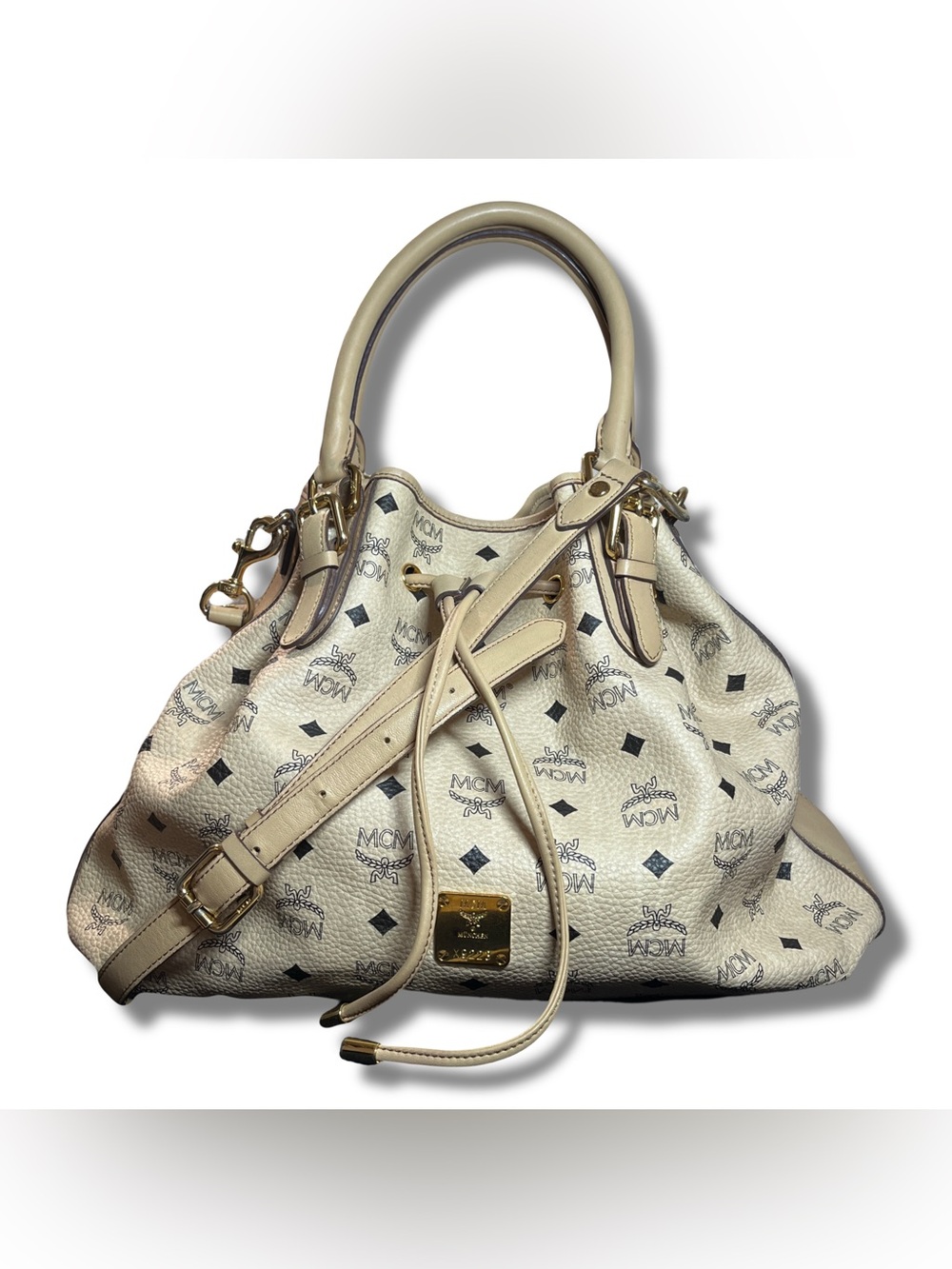 Vintage MCM Cream Visetos Monogram Drawstring Bucket Shoulder Bag Tote